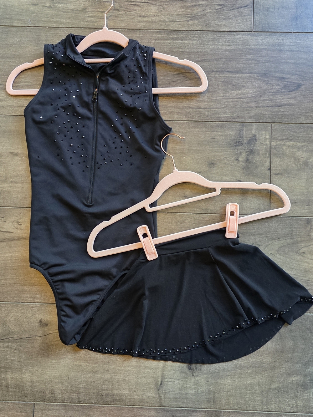 Jazz Dance Costume - Black Sleeveless Dance Leotard and Skirt Embellished (XSA)